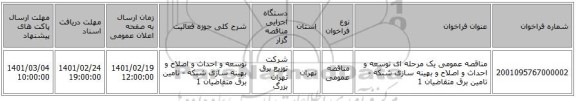 مناقصه، مناقصه عمومی یک مرحله ای توسعه و احداث و اصلاح و بهینه سازی شبکه - تامین برق متقاضیان 1