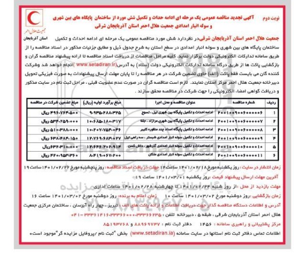 مناقصه ادامه احداث و تکمیل شش مورد از ساختمان پایگاه های بین شهری ... تجدید نوبت دوم 
