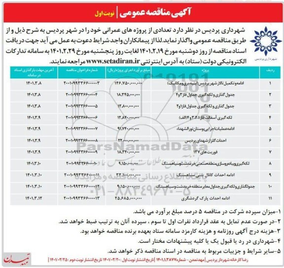 مناقصه ادامه و تکمیل تالار ...