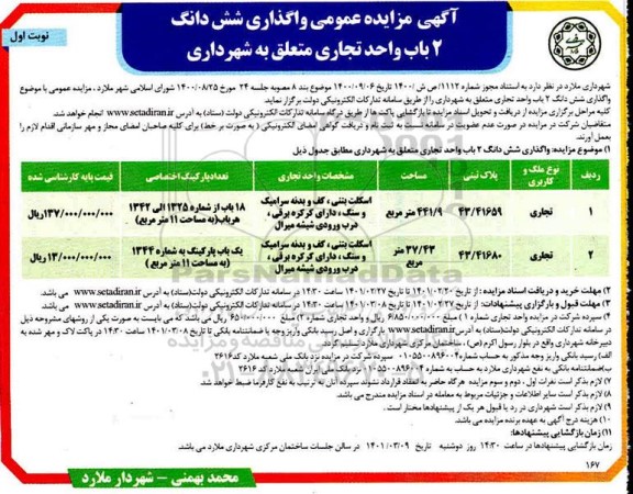 مزایده واگذاری شش دانگ 2 باب واحد تجاری