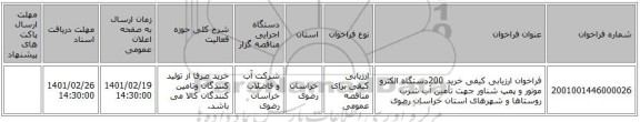 مناقصه، فراخوان ارزیابی کیفی خرید 200دستگاه الکترو موتور و پمپ شناور جهت تأمین آب شرب روستاها و شهرهای استان خراسان رضوی