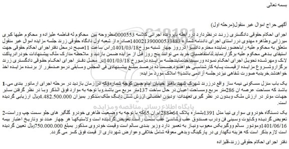 مزایده فروش یک باب منزل مسکونی نیمه ساز
