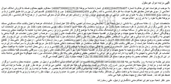 مزایده فروش ششدانک عرصه واعیان یکباب ملک مسکونی 