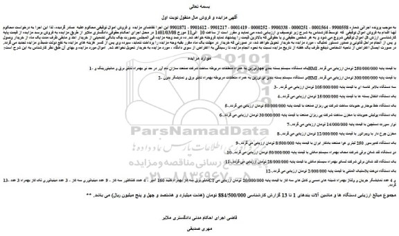 مزایده فروش 1-یک دستگاه سیستم بسته بندی چهارتوزین به همراه متعلقات مربوطه و...