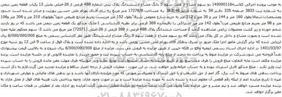 آگهی مزایده دو سهم مشاع از هفت سهم 5 دانگ مشاع ازششدانگ پلاک ثبتی شماره 488 فرعی از 26-اصلی بخش 13