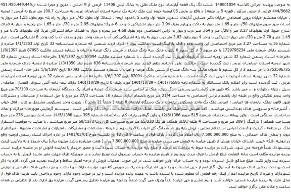 آگهی مزایده ششدانگ یک قطعه آپارتمان نوع ملک طلق به پلاک ثبتی 11406 فرعی از 9 اصلی ، مفروز و مجزا شده