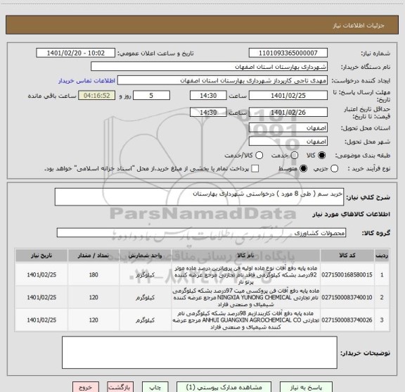 استعلام خربد سم ( طی 8 مورد ) درخواستی شهرداری بهارستان 