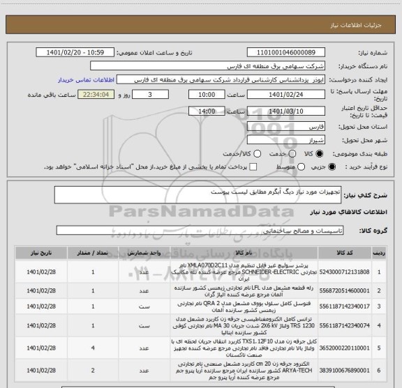 استعلام تجهیزات مورد نیاز دیگ آبگرم مطابق لیست پیوست