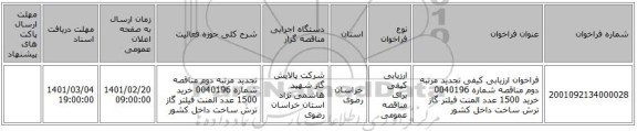 مناقصه، فراخوان ارزیابی کیفی تجدید مرتبه دوم مناقصه شماره 0040196 خرید 1500 عدد المنت فیلتر گاز ترش ساخت داخل کشور