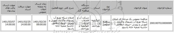 مناقصه، مناقصه عمومی یک مرحله ای اصلاح شبکه توزیع آب زمینهای واگذاری آموزش و پرورش –نیروی انتظامی حاشیه تصفیه خانه یاسوج