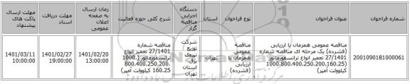 مناقصه، مناقصه عمومی همزمان با ارزیابی (فشرده) یک مرحله ای مناقصه شماره 27/1401 تعمیر انواع ترانسفورماتور (1000،800،400،250،200،160،25 کیلوولت آمپر)