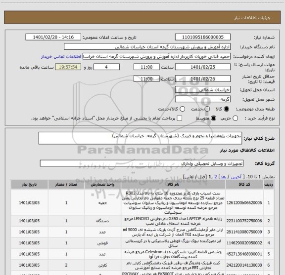 استعلام تجهیزات پژوهشرا و نجوم و فیزیک (شهرستان گرمه- خراسان شمالی)
