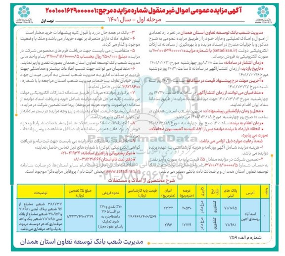 مزایده، مزایده تعدادی از اموال و املاک تملیکی و مازاد