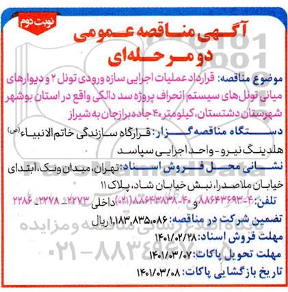 مناقصه قرارداد عملیات اجرایی سازه ورودی تونل