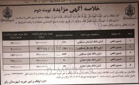 خلاصه اگهی مزایده ششدانگ رقبات - نوبت دوم