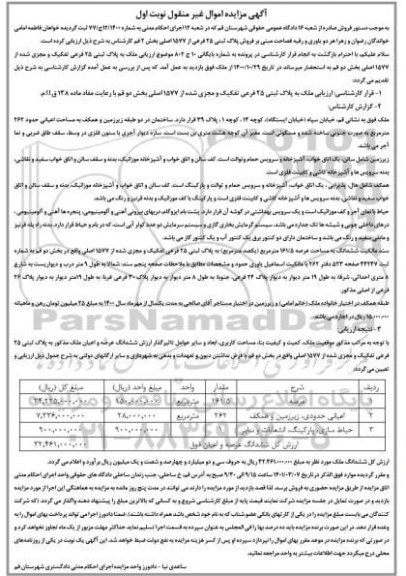 مزایده، مزایده فروش ملک به پلاک ثبتی 25 فرعی تفکیک و مجازی شده از 1577 اصلی