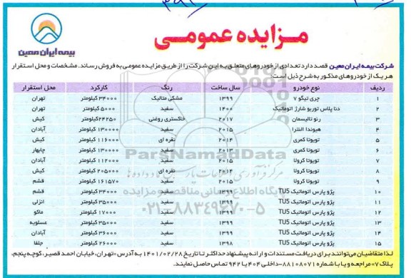 مزایده فروش تعدادی خودرو