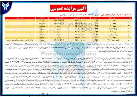 مزایده، مزایده فروش تعداد 8 دستگاه وسایط نقلیه مازاد