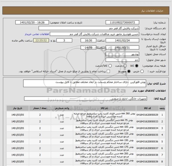 استعلام بوش فلورکربن  دارای ساختار محکم وسخت در ابعاد مختلف مطابق با فایل پیوست 