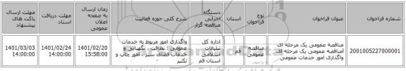 مناقصه، مناقصه عمومی یک مرحله ای lمناقصه عمومی یک مرحله ای واگذاری امور خدمات عمومی