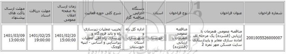 مناقصه، مناقصه عمومی همزمان با ارزیابی (فشرده) یک مرحله ای آماده سازی معابر و پایدارسازی سایت مسکن مهر نمره 2 