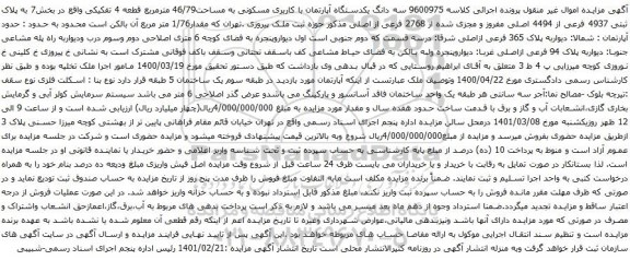 آگهی مزایده سه دانگ یکدستگاه آپارتمان با کاربری مسکونی به مساحت46/79 مترمربع