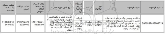 مناقصه، مناقصه عمومی یک مرحله ای خدمات تعمیر و نگهداشت تجهیزات و نرم افزار سیستم مانیتورینگ ایستگاه های تقلیل فشار و اندازه گیری گاز شرکت گاز خراسان رضوی