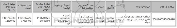 مناقصه، مناقصه عمومی یک مرحله ای تامین آب آشامیدنی روستای رازی خوی