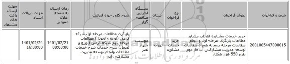 مناقصه، خرید خدمات مشاوره انتخاب مشاور مطالعات بازنگری  مرحله اول و انجام مطالعات مرحله دوم به همراه مطالعات توسعه مدیریت مشارکتی آب فاز دوم طرح 550 هزار هکتار