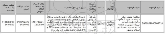 مناقصه، مناقصه عمومی یک مرحله ای خرید 6 مگاوات برق از طریق احداث نیروگاه دیزلی در منطقه شنبه شهرستان دشتی استان بوشهر 
