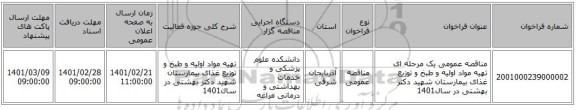 مناقصه، مناقصه عمومی یک مرحله ای تهیه مواد اولیه و طبخ و توزیع غذای  بیمارستان شهید دکتر بهشتی  در سال1401