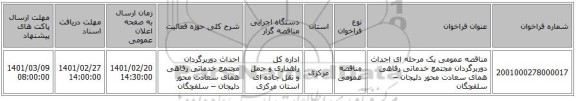 مناقصه، مناقصه عمومی یک مرحله ای احداث دوربرگردان مجتمع خدماتی رفاهی همای سعادت محور دلیجان – سلفچگان