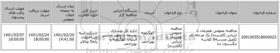 مناقصه، مناقصه عمومی همزمان با ارزیابی (فشرده) یک مرحله ای تکمیل  مدرسه6 کلاسه تنگسدون دنا  