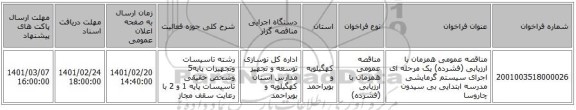 مناقصه، مناقصه عمومی همزمان با ارزیابی (فشرده) یک مرحله ای اجرای سیستم گرمایشی  مدرسه ابتدایی بی سیدون چاروسا