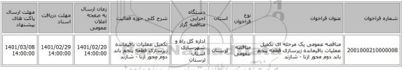 مناقصه، مناقصه عمومی یک مرحله ای  تکمیل عملیات باقیمانده زیرسازی قطعه پنجم باند دوم محور ازنا - شازند
