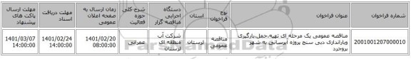 مناقصه، مناقصه عمومی یک مرحله ای تهیه،حمل،بارگیری وباراندازی دبی سنج پروژه آبرسانی به شهر بروجرد
