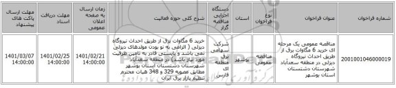 مناقصه، مناقصه عمومی یک مرحله ای خرید 6 مگاوات برق از طریق احداث نیروگاه دیزلی در منطقه سعدآباد شهرستان دشتستان استان بوشهر