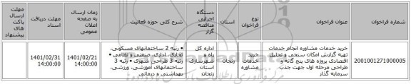 مناقصه، خرید خدمات مشاوره انجام خدمات تهیه گزارش امکان سنجی و تحلیل اقتصادی پروژه های پنج گانه و طراحی مرحله اول جهت جذب سرمایه گذار