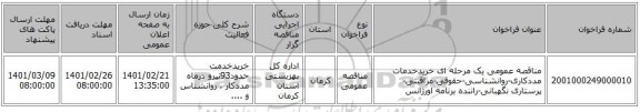 مناقصه، مناقصه عمومی یک مرحله ای خریدخدمات مددکاری-روانشناسی-حقوقی-مراقبتی-پرستاری نگهبانی-راننده برنامه اورژانس