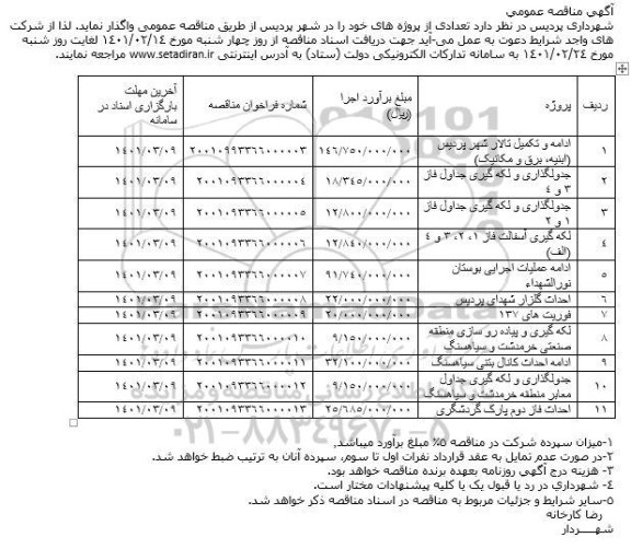 آگهی مناقصه تکمیل تالار شهر، جدولگذاری و لکه گیری و...