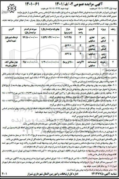 مزایده مزایده فروش املاک کاربری تجاری ومسکونی