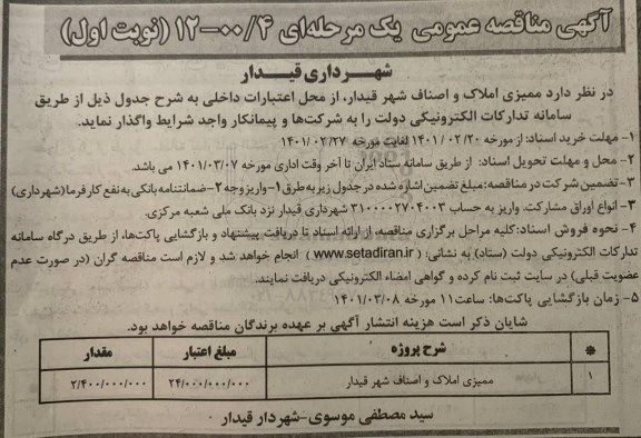 مناقصه ممیزی املاک و اصناف