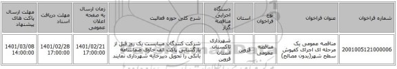 مناقصه، مناقصه عمومی یک مرحله ای اجرای کفپوش سطح شهر(بدون مصالح)