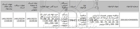مناقصه، مناقصه عمومی همزمان با ارزیابی (فشرده) یک مرحله ای خرید لوله پلی اتیلن تک جداره آب شرب در قطر های 20 ، 25  ،63 ، 75 ، 90 ، 110 ، 125 ، 160 ،200 و 250 میلیمتر 