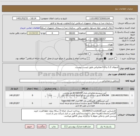 استعلام آنتنهای 1.2 و 0.6 مخابراتی طبق لیست پیوست