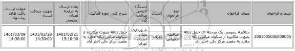 مناقصه، مناقصه عمومی یک مرحله ای حمل زباله بصورت مکانیزه از سکوی میانی زباله ملارد به مقصد مرکز دفن اختر آباد