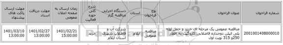 مناقصه، مناقصه عمومی یک مرحله ای خرید و حمل لوله پلی اتیلن دوجداره فاضلابی کاروگیت به اقطار 250و 315 نوبت اول 