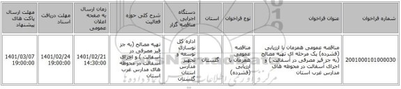 مناقصه، مناقصه عمومی همزمان با ارزیابی (فشرده) یک مرحله ای تهیه مصالح (به جز قیر مصرفی در آسفالت ) و اجرای آسفالت در محوطه های مدارس غرب استان 