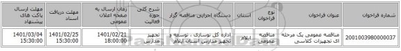 مناقصه، مناقصه عمومی یک مرحله ای تجهیزات کلاسی