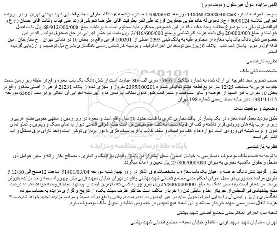 مزایده فروش شش دانگ یک باب مغازه